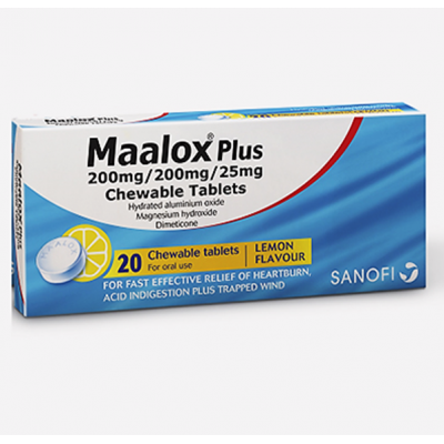 Maalox Plus 200 / 200 / 25 mg ( Aluminium hydroxide + Magnesium hydroxide + Simeticone ) 40 chewable tablets